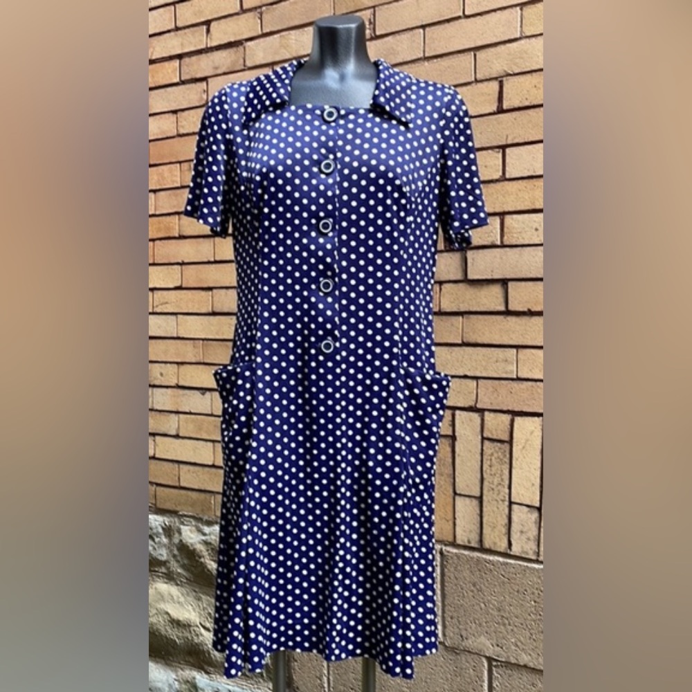 Vintage 60s Casualmaker Sy Frankl Blue Polka Dot Dress Union Made USA Size 14½